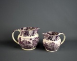 Pair of 19th C. Graduated Wood & Sons Purple Transferware Pitchers “Enoch Woods English Scenery”