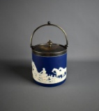 Adams Tunstall Hunt Scene Sprig Ware Biscuit Barrel w/ Silverplate Lid & Handle