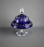 Beautiful 9” H Cobalt Blue Cut to Clear Clear Cased Glass Lidded Bon Bon Dish