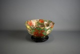 Chinese Qing Chrysanthemum 9” Diam Bowl on Wooden Base