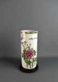 Tall 11” H Chinese Cylinder Vase on Wooden Base, Chrysanthemum & Bird Motif