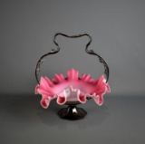 Antique Victorian Rose Satin Art Glass Brides Basket w/ Derby Silver Co. Silverplate Frame & Handle