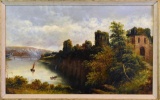 Henry Harris (British 1852-1926) “Ruined Castle by River” Oil on Canvas, Signed Lower Left