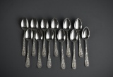 Twelve Steiff Repousse Style Sterling Silver Teaspoons “Rose” Pattern, 315 Grams
