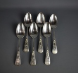 Set of Six Antique Gorham Bright Cut Sterling Silver Serving Spoons, Monogrammed, 305 Grams