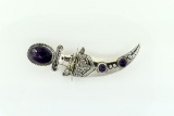Large Vintage Mexican Sterling Silver & Amethyst Dagger in Scabbard 3.5” Pin
