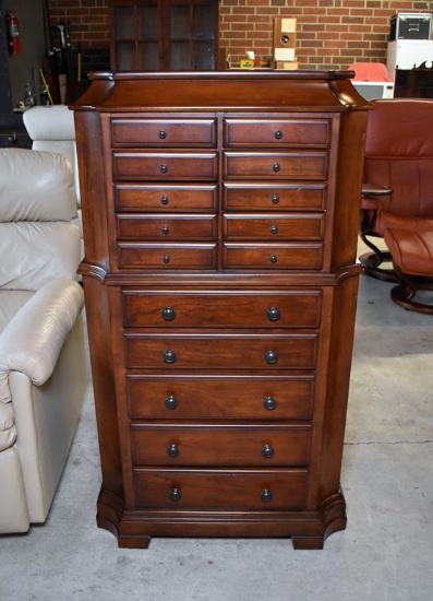 Contemporary Jewelry Armoire w/ 15 Drawers, Top and 2 Side Compartments, Mirrored Inside Top