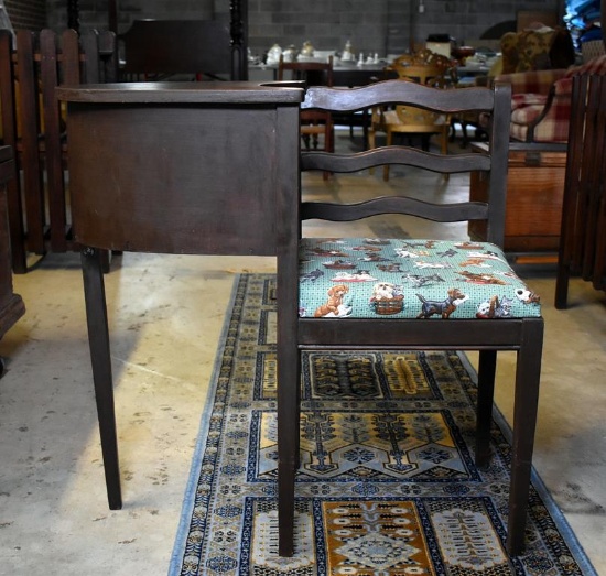 Vintage Telephone Stand / “Gossip Table” with Cute Pets Upholstered Seat