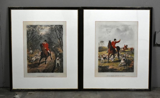 Pair of Antique Sheldon Williams Fox Hunt Scene Lithographs, Nicely Matted and Framed