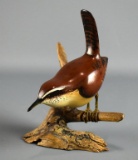 Handcrafted 6.5 x 6” L Carolina Wren on Natural Wooden Base, Signed Hugh Norman, Port Royal SC