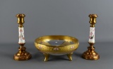 Lovely Vintage Hand Decorated Candlesticks and Centerpiece Bowl Set