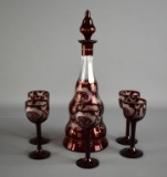 Elegant Bohemian Cut Ruby Glass Decanter and Goblet Set