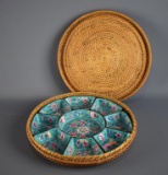 Vintage Chinese Cloisonne Segmented Sweet Meat Tray in Lidded Fiber Basket