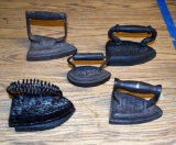 Lot of Five Antique Flatirons & 1 Iron Trivet: Geneva Ill, J & J Siddons, & Others
