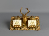 Antique Gilt Metal & Glass Stag's Head Double Inkwell Ink Stand