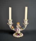 Charming Antique Von Schierholz German Porcelain Double Candle Holder, 7” H