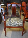 Antique Edwardian Inlaid Mahogany Master Chair, Tapestry Upholstered Seat, Caster Feet