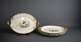 Beautiful Set of 4 Antique Hand Painted Oval Tab Handled 12” Porcelain Trays, Bird Motif
