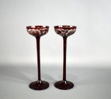 Pair of Ruby Cordial Glasses w/ Hound & Stag Etchings
