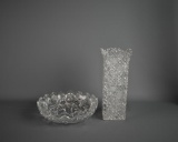 Lot of Two Cut Glass Pieces: 9.5” H Vase & 8” Diam. Bowl