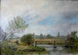 Landscape, River & Footbridge, Oil on Canvas, Marked “To Mother Nov 12, 1884” on Back