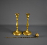 Pair of Vintage Brass 7” H Candlesticks and Brass Snuffer