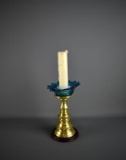 Vintage Brass & Blue Glass Candle Holder