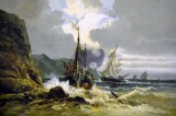 Old Lithograph Print of Ships Near Coastline, Gilded Wood Frame