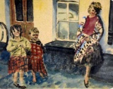 Three Street Children, Watercolor on Paper, Unsigned