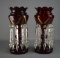 Pair of Antique 15” Bohemian Gilt Decorated Ruby Glass Mantle Lusters w/ Prisms
