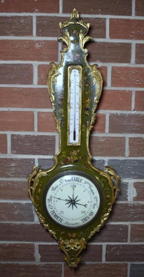 Lovely Antique French Ormolu & Lacquer Decorated Cartel Barometer, Louis XV Style, Late 19th C.