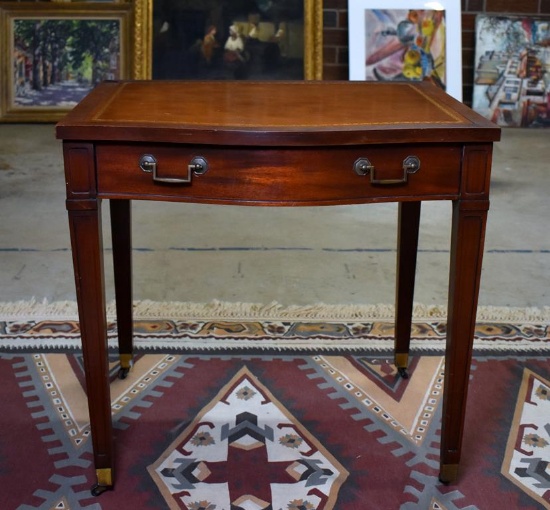 Vintage Mahogany Side Table with Embossed Leather Top, Caster Feet
