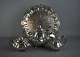 Reed & Barton Sterling Silver Tea Service “Hampton Court” (1,580 g) and Silver Plate Tray