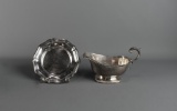 Lot of 2 Silver Plate Serving Pieces: 6” Diam. Sheffield Plate Undertray & Unmarked 8” L Gravy Boat