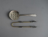 Lot of Antique Silver Plate Slotted Pierced Serving Spoon &  Metal Tongs