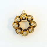 Gorgeous 14K Yellow Gold Diamond & Seed Pearl Pin / Pendant w/ Blue Enamel Work, 1.25” Diam.
