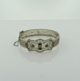 White Metal Filigree & Green Stone Clasp Bracelet