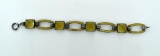 Vintage Sterling Silver Bracelet with Carved Yellow Glass Stones & Enameled Links, 7.25” L