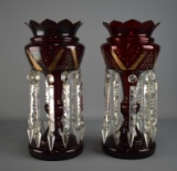 Pair of Antique 15” Bohemian Gilt Decorated Ruby Glass Mantle Lusters w/ Prisms