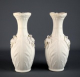 Pair of Antique Parian Ware Bisque Porcelain Vases, Wheat & Grape Motifs