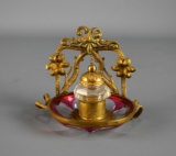 Charming Antique Gilded Ink Well w/ Cranberry Glass Pen Tray