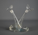 Delightful Vintage Dolphin Glass Oil & Vinegar Joined Cruets w/ Ground Glass Stoppers, ~8” H