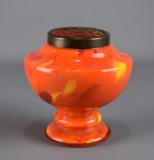 Bright Orange Slag Glass Vase w/ Grid Top Frog