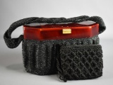 Vintage Black Beaded Box Handbag w/ Mirror & Coin Purse