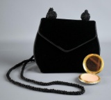 Black Plush & Satin RR Handbag w/ Beaded Cord Strap