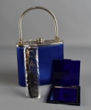 Vintage Blue Satin Sasha Box Handbag w/ Mirror & Comb