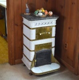 Antique White Ceramic Continental European Wood/Coal Stove, Black Marble Top,  Brass Trim