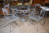 Vtg. Mid-Cent. Woodard Ivy Leaf Wrought Iron Patio Table & Four Chairs, Glass Top, Macon Umbrella St