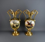Important Pair of Handpainted & Gilded Equestrian Hunting Sidesaddle Scene 21” Vases