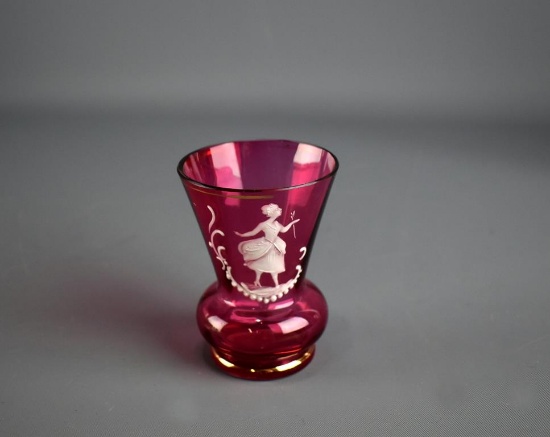 Mary Gregory 3” H Cranberry Glass Vase